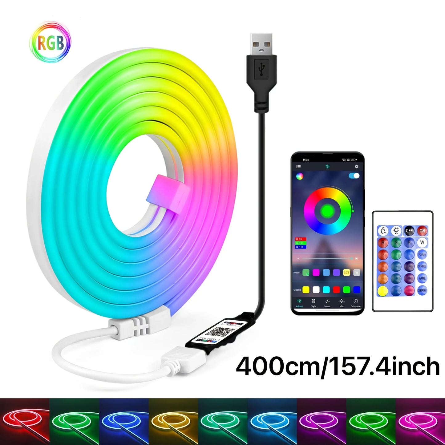 Smart LED Strip Lights RGB Neon Sign Tape Ribbon Backlight Bluetooth DC5V USB Flexible App&Remote Control Gaming Room Decoration